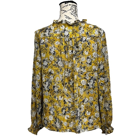 Zara Floral Jacquard Blouse XS BUTTER Yellow Ruffle Semi Sheer Boxy Boho Fairy - Picture 4 of 8
